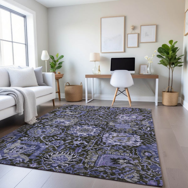 HomeRoots 5' Elegant Purple Gray Silver Damask Area Rug - Washable, Stain-Resistant, UV Protected & Durable 692978
