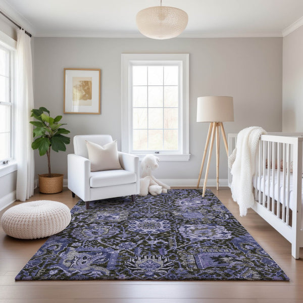 HomeRoots 5' Elegant Purple Gray Silver Damask Area Rug - Washable, Stain-Resistant, UV Protected & Durable 692978
