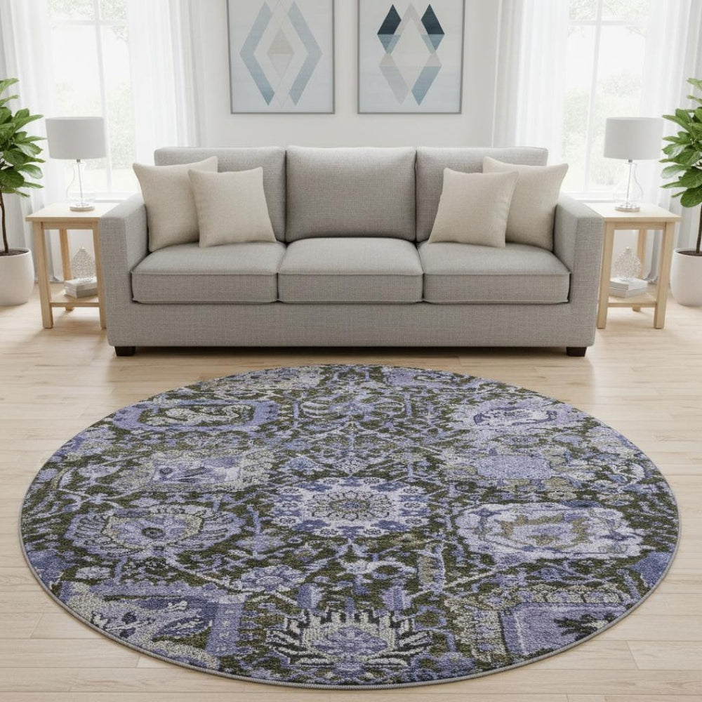 HomeRoots 8' X 8' Stylish Purple Gray Silver Damask Washable Round Rug - UV Protected & Stain Resistant Comfort 692979