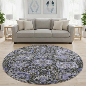 HomeRoots 8' X 8' Stylish Purple Gray Silver Damask Washable Round Rug - UV Protected & Stain Resistant Comfort 692979