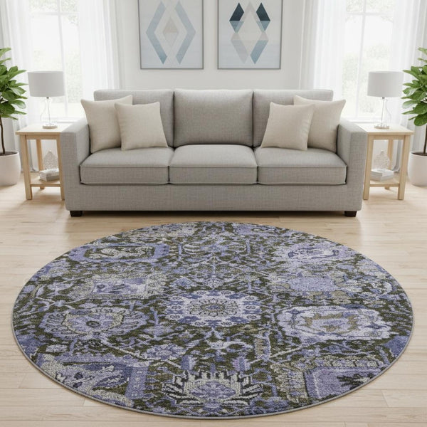HomeRoots 8' X 8' Stylish Purple Gray Silver Damask Washable Round Rug - UV Protected & Stain Resistant Comfort 692979