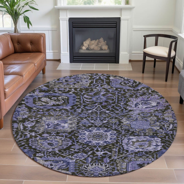 HomeRoots 8' X 8' Stylish Purple Gray Silver Damask Washable Round Rug - UV Protected & Stain Resistant Comfort 692979