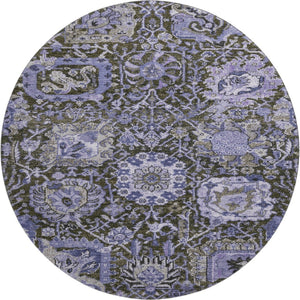 HomeRoots 8' X 8' Stylish Purple Gray Silver Damask Washable Round Rug - UV Protected & Stain Resistant Comfort 692979