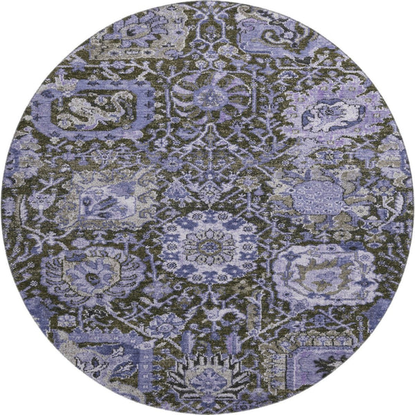 HomeRoots 8' X 8' Stylish Purple Gray Silver Damask Washable Round Rug - UV Protected & Stain Resistant Comfort 692979