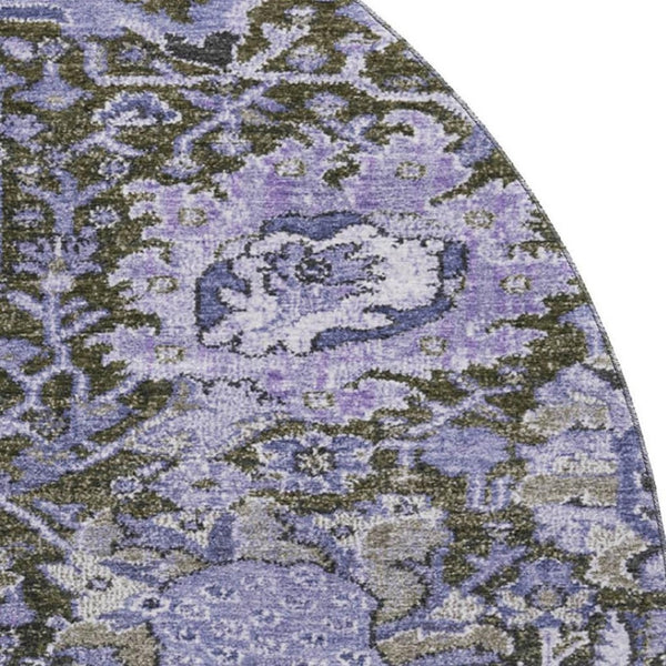 HomeRoots 8' X 8' Stylish Purple Gray Silver Damask Washable Round Rug - UV Protected & Stain Resistant Comfort 692979