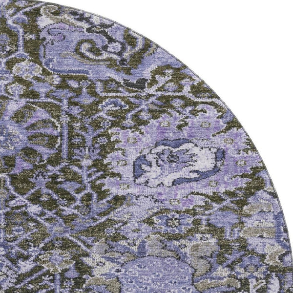 HomeRoots 8' X 8' Stylish Purple Gray Silver Damask Washable Round Rug - UV Protected & Stain Resistant Comfort 692979