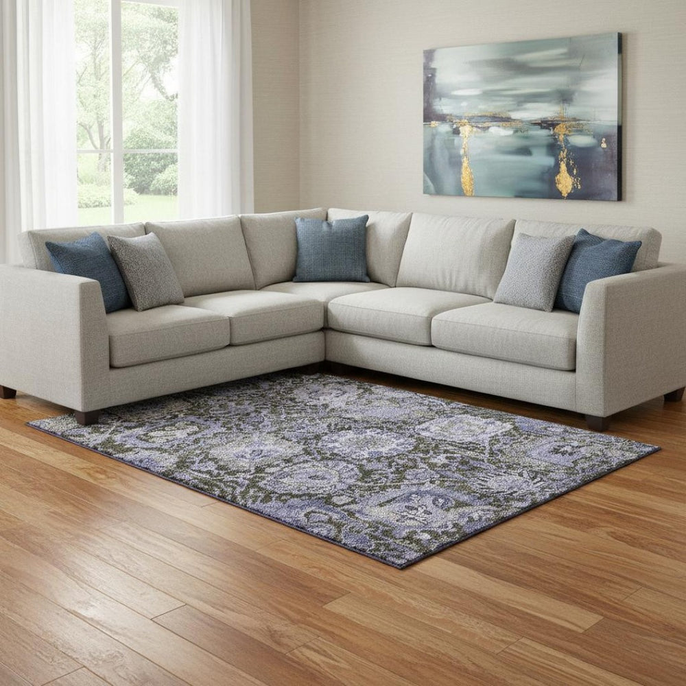 HomeRoots 8' Elegant Purple Gray & Silver Damask Area Rug - Washable, UV-Protected, Stain-Resistant Design 692980