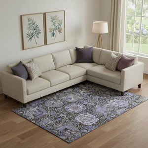 HomeRoots 10' Stylish Purple Gray Silver Damask Area Rug - Washable, UV Protected, Perfect for Family Spaces! 692982