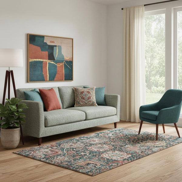 HomeRoots 5' X 8' Salmon Teal Peach Damask Area Rug - Washable, UV Protected, Family-Friendly Design! 692984