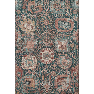 HomeRoots 5' X 8' Salmon Teal Peach Damask Area Rug - Washable, UV Protected, Family-Friendly Design! 692984