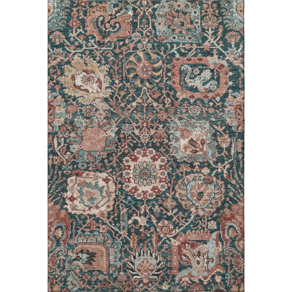 HomeRoots 5' X 8' Salmon Teal Peach Damask Area Rug - Washable, UV Protected, Family-Friendly Design! 692984