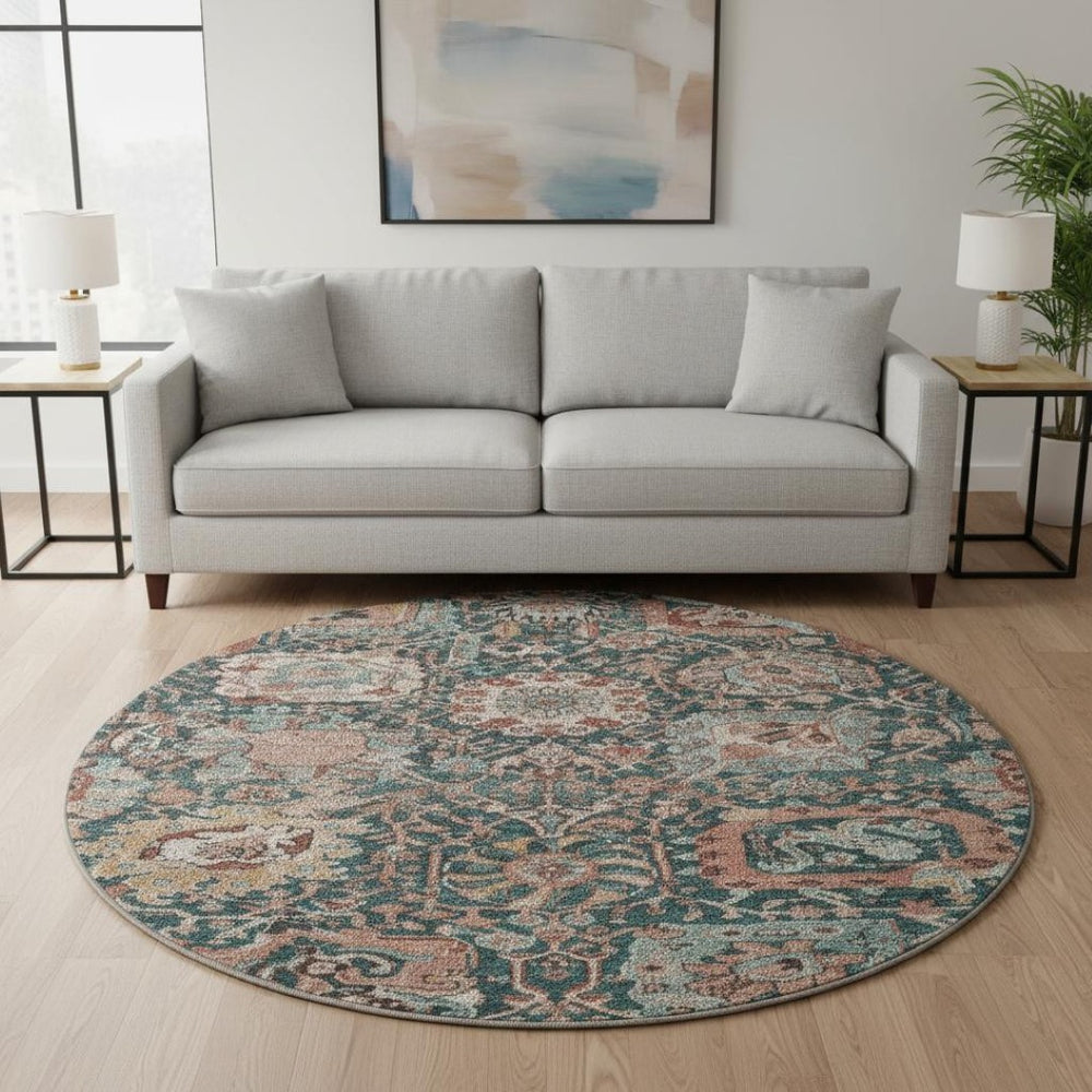 HomeRoots 8' X 8' Washable Round Rug in Salmon Teal & Peach Damask - UV Protected, Stain Resistant Design 692985