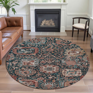 HomeRoots 8' X 8' Washable Round Rug in Salmon Teal & Peach Damask - UV Protected, Stain Resistant Design 692985