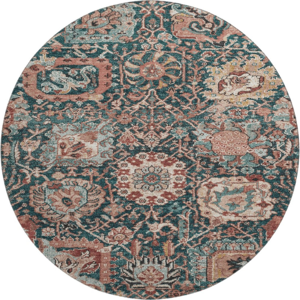 HomeRoots 8' X 8' Washable Round Rug in Salmon Teal & Peach Damask - UV Protected, Stain Resistant Design 692985