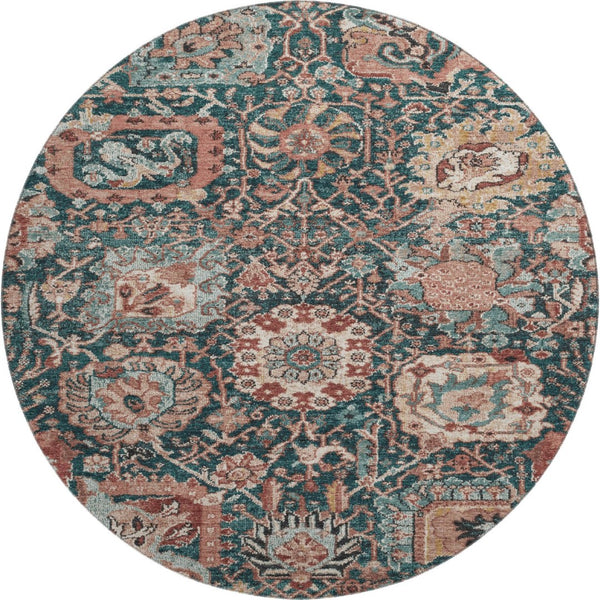 HomeRoots 8' X 8' Washable Round Rug in Salmon Teal & Peach Damask - UV Protected, Stain Resistant Design 692985