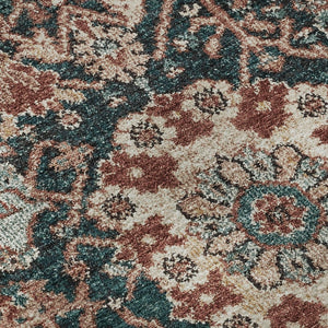 HomeRoots 8' X 8' Washable Round Rug in Salmon Teal & Peach Damask - UV Protected, Stain Resistant Design 692985