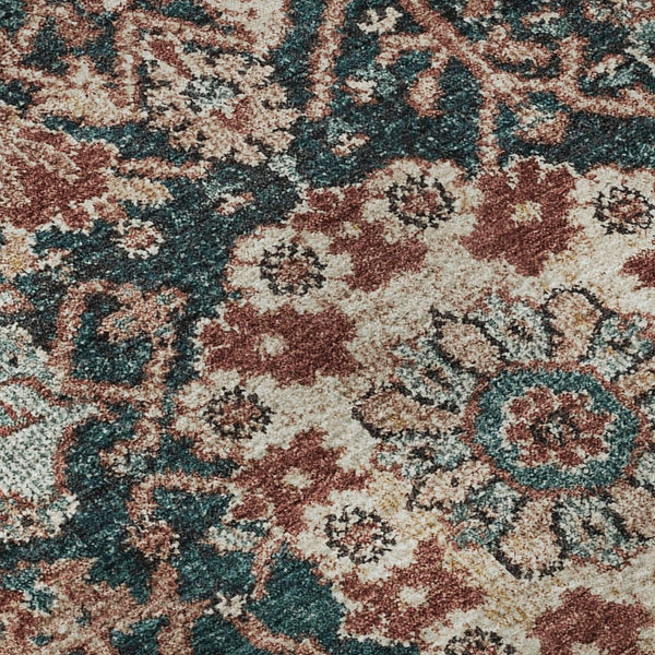 HomeRoots 8' X 8' Washable Round Rug in Salmon Teal & Peach Damask - UV Protected, Stain Resistant Design 692985