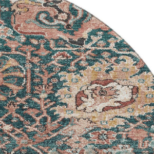 HomeRoots 8' X 8' Washable Round Rug in Salmon Teal & Peach Damask - UV Protected, Stain Resistant Design 692985