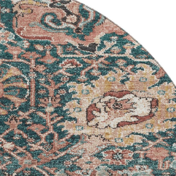 HomeRoots 8' X 8' Washable Round Rug in Salmon Teal & Peach Damask - UV Protected, Stain Resistant Design 692985