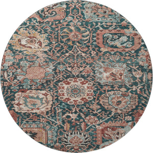 HomeRoots 8' X 8' Washable Round Rug in Salmon Teal & Peach Damask - UV Protected, Stain Resistant Design 692985