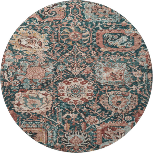 HomeRoots 8' X 8' Washable Round Rug in Salmon Teal & Peach Damask - UV Protected, Stain Resistant Design 692985