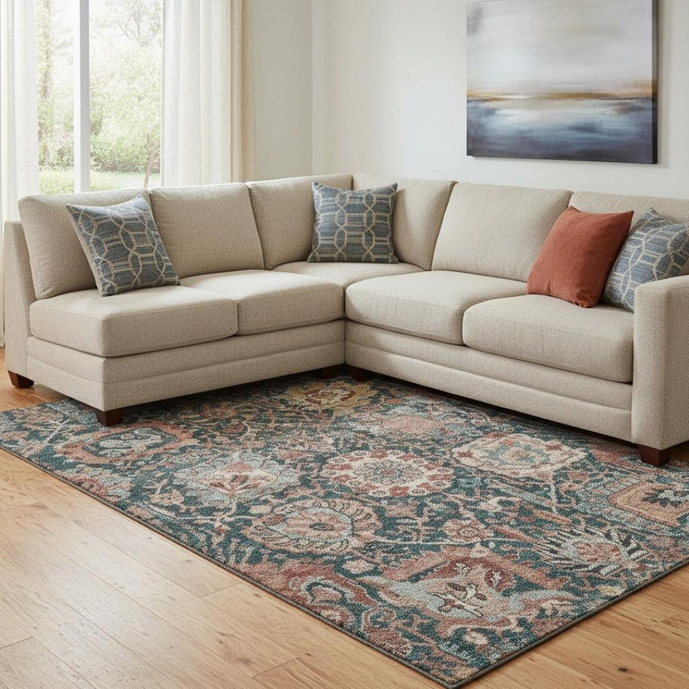 HomeRoots 8' Stylish Salmon, Teal & Peach Damask Washable Area Rug with UV Protection for Family Spaces 692986