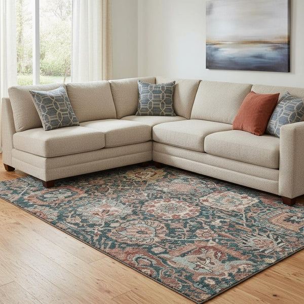 HomeRoots 8' Stylish Salmon, Teal & Peach Damask Washable Area Rug with UV Protection for Family Spaces 692986