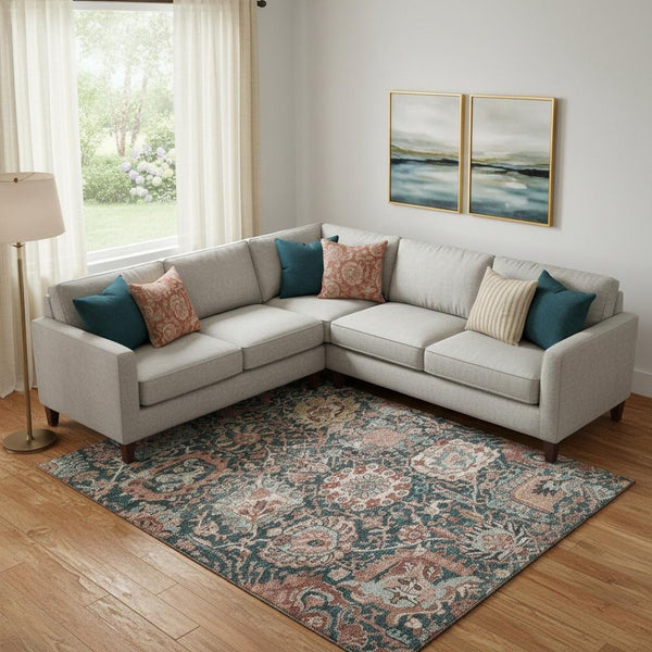 HomeRoots 9' X 12' Salmon Teal Peach Damask Area Rug - Durable, Washable, UV Protected for Family Spaces 692987