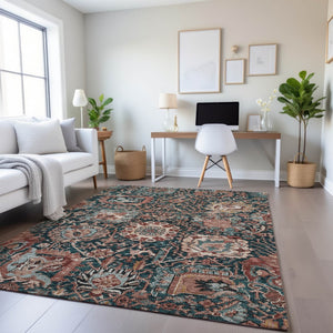 HomeRoots 9' X 12' Salmon Teal Peach Damask Area Rug - Durable, Washable, UV Protected for Family Spaces 692987