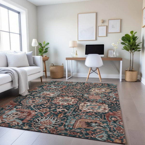 HomeRoots 9' X 12' Salmon Teal Peach Damask Area Rug - Durable, Washable, UV Protected for Family Spaces 692987