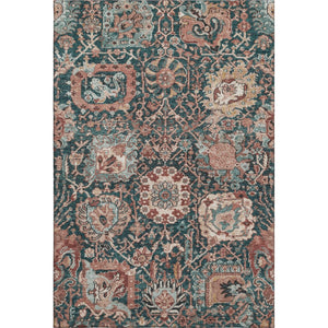 HomeRoots 9' X 12' Salmon Teal Peach Damask Area Rug - Durable, Washable, UV Protected for Family Spaces 692987