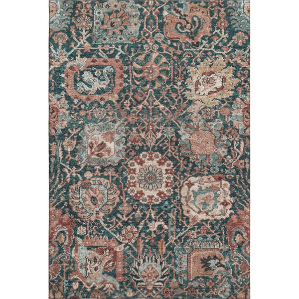 HomeRoots 9' X 12' Salmon Teal Peach Damask Area Rug - Durable, Washable, UV Protected for Family Spaces 692987