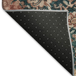 HomeRoots 9' X 12' Salmon Teal Peach Damask Area Rug - Durable, Washable, UV Protected for Family Spaces 692987