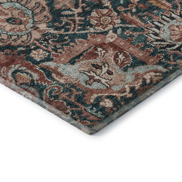 HomeRoots 9' X 12' Salmon Teal Peach Damask Area Rug - Durable, Washable, UV Protected for Family Spaces 692987