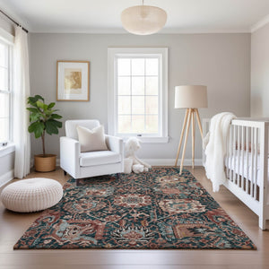 HomeRoots 9' X 12' Salmon Teal Peach Damask Area Rug - Durable, Washable, UV Protected for Family Spaces 692987