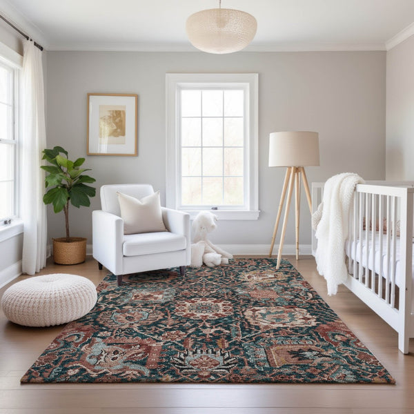 HomeRoots 9' X 12' Salmon Teal Peach Damask Area Rug - Durable, Washable, UV Protected for Family Spaces 692987
