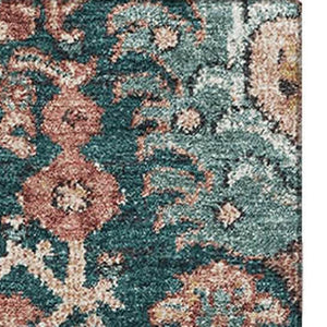 HomeRoots 9' X 12' Salmon Teal Peach Damask Area Rug - Durable, Washable, UV Protected for Family Spaces 692987