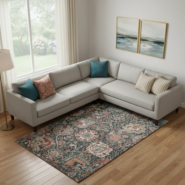 HomeRoots 10' X 14' Salmon Teal and Peach Damask Area Rug - Washable, UV Protected, Perfect for Family Spaces! 692988