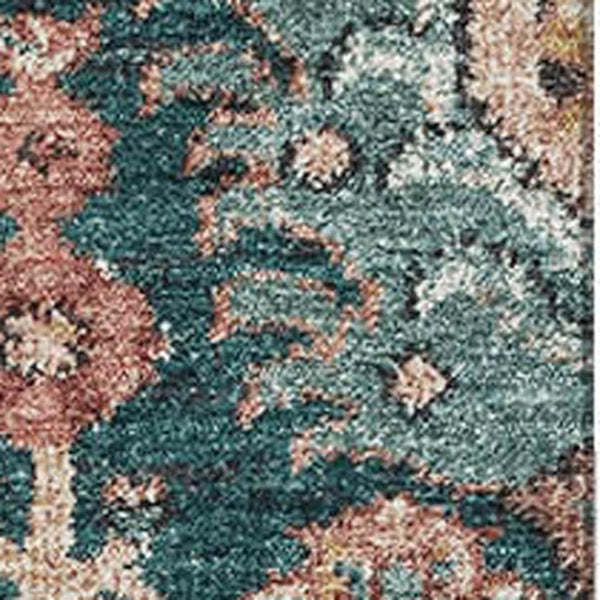 HomeRoots 10' X 14' Salmon Teal and Peach Damask Area Rug - Washable, UV Protected, Perfect for Family Spaces! 692988
