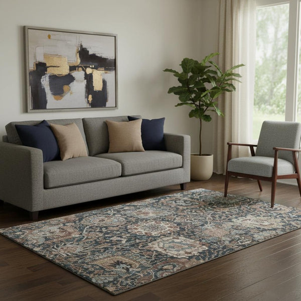 HomeRoots 5' X 8' Washable Area Rug in Taupe, Teal & Brown - UV Protected, Durable Floral Design for Homes 692990