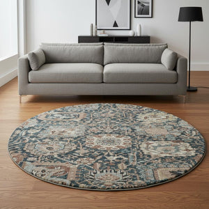 HomeRoots 8' Round Floral Rug in Taupe, Teal & Brown - Washable, Stain Resistant with UV Protection for Durability 692991
