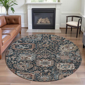 HomeRoots 8' Round Floral Rug in Taupe, Teal & Brown - Washable, Stain Resistant with UV Protection for Durability 692991
