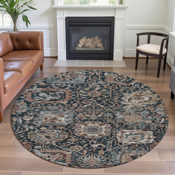 HomeRoots 8' Round Floral Rug in Taupe, Teal & Brown - Washable, Stain Resistant with UV Protection for Durability 692991
