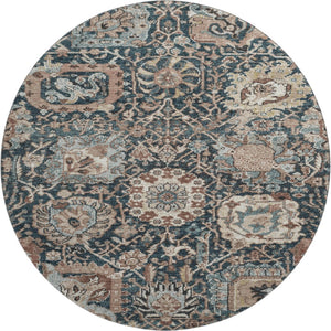 HomeRoots 8' Round Floral Rug in Taupe, Teal & Brown - Washable, Stain Resistant with UV Protection for Durability 692991
