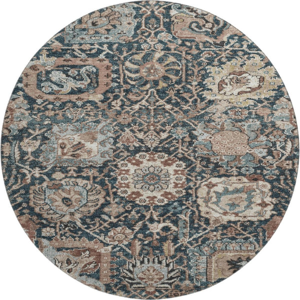 HomeRoots 8' Round Floral Rug in Taupe, Teal & Brown - Washable, Stain Resistant with UV Protection for Durability 692991