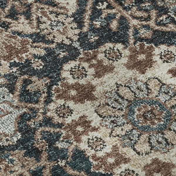 HomeRoots 8' Round Floral Rug in Taupe, Teal & Brown - Washable, Stain Resistant with UV Protection for Durability 692991