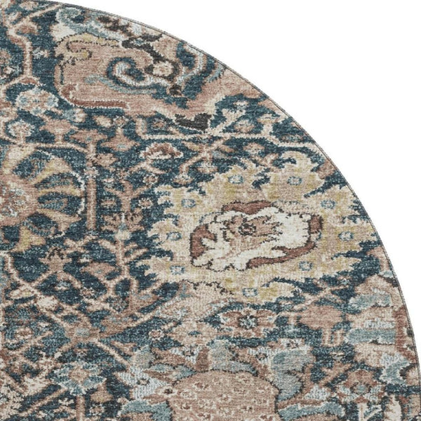 HomeRoots 8' Round Floral Rug in Taupe, Teal & Brown - Washable, Stain Resistant with UV Protection for Durability 692991