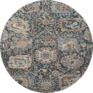 HomeRoots 8' Round Floral Rug in Taupe, Teal & Brown - Washable, Stain Resistant with UV Protection for Durability 692991