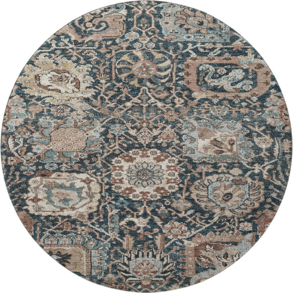HomeRoots 8' Round Floral Rug in Taupe, Teal & Brown - Washable, Stain Resistant with UV Protection for Durability 692991
