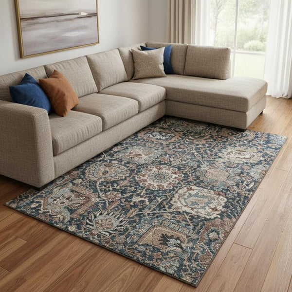 HomeRoots 8' Stylish Floral Washable Area Rug in Taupe, Teal & Brown - UV Protection, Stain Resistant, Durable 692992